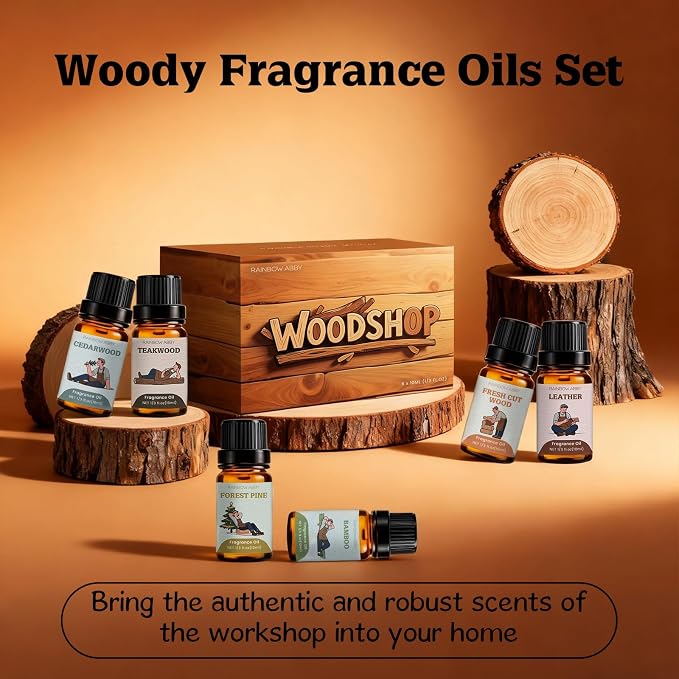RAINBOW ABBY Woody Fragrance Oils Set, 6x10ml Wood Essential Oil Set for Candle Making, Diffuser - Forest Pine, Fresh Cut Wood, Leather, Teakwood, Bamboo, Cedarwood Aromatherapy Oils