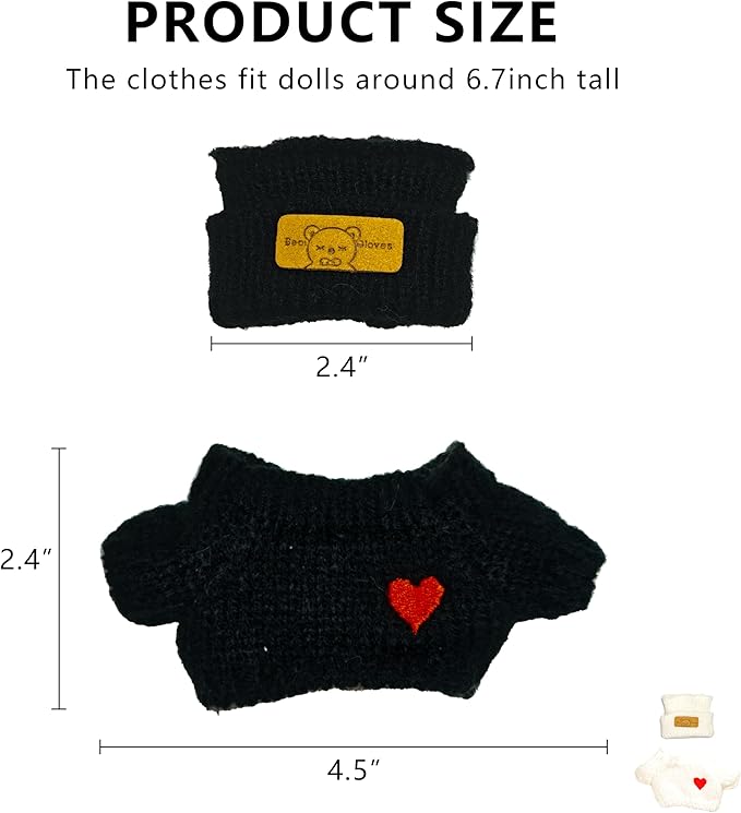 17cm Doll Clothes Outfits - Cozy Knit Top & Beanie Hat for Plush/Blind Box Collectibles (White&Black Sweater)