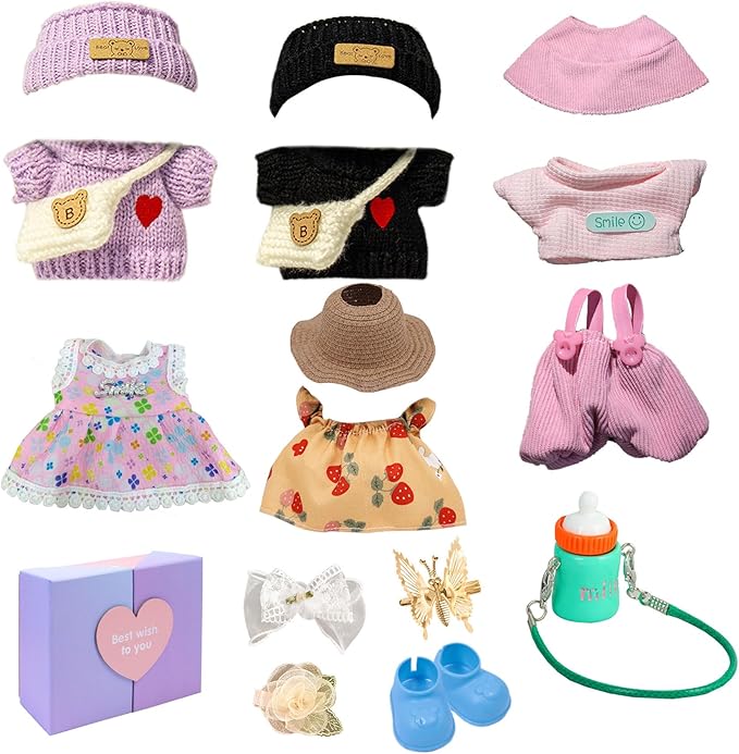 17cm Doll Clothes Set (No Doll) –5-Pack Handmade Outfits with Accessories for 6.7” Dolls, Premium Cotton Clothing with Gift-Ready Packaging, Perfect for Dress-Up and Collectors (FH6, 5)