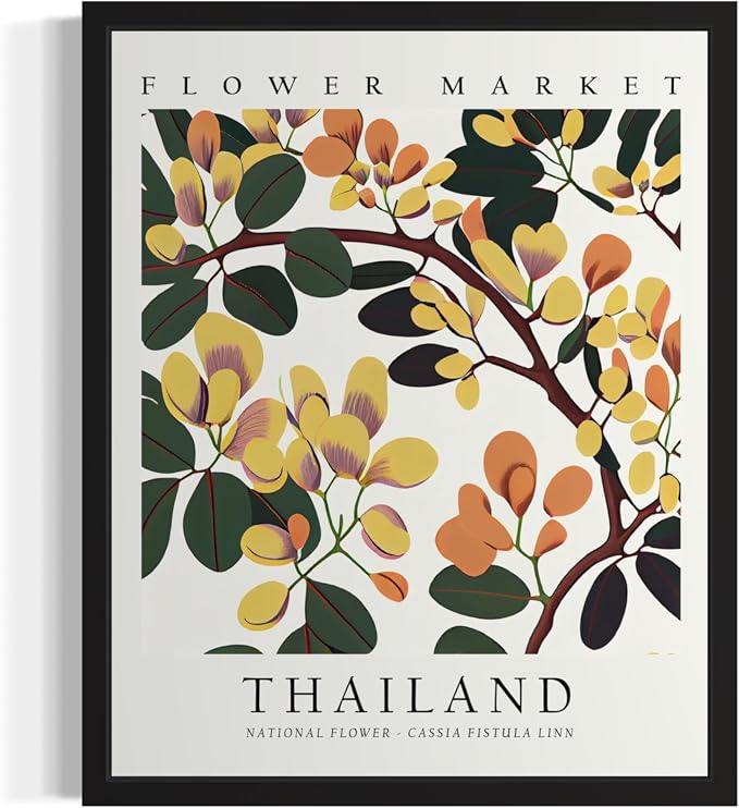 Thailand, Cassia Fistula Linn Art Print Poster, Flower Market Wall Art, Floral Artwork Decor for Bedroom, Kitchen, Bathroom, Livingroom Decoration 52 (Thailand, Cassia Fistula Linn, 14"L x 11"W, Black Frame)