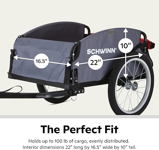 Schwinn Daytripper or Porter Bike Cargo Trailer, Holds up to 100 lb, Universal Coupler, Folding Frame, Quick-Release Wheels, 16-Inch Tires, Interior D-Rings, Schwinn Bike Trailer for Carrying Cargo