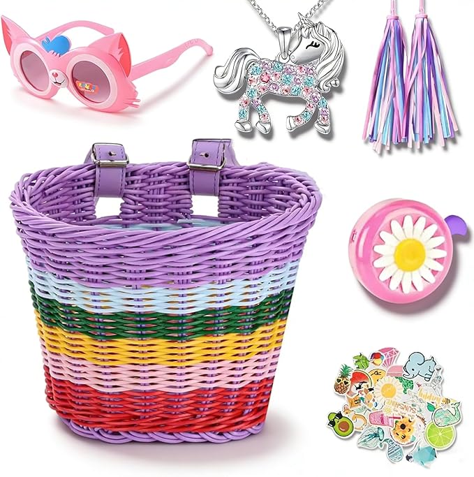 Kid's Bicycle Basket,Colored Tassels Wicker Front Handlebar Bike Basket Handlebar with Streamers Bell and Stickers,Bicycle Decoration for Girls and Boys