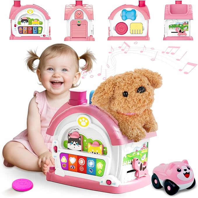 Montessori Toys for 1 2 3 Year Old Girl Gifts, Musical Toy House with Stuffed Puppy, Car, Baby Toys 12-18 Month, Learning Educational Toy for Toddler 1-3, First Birthday Gifts for Girls (Pink)