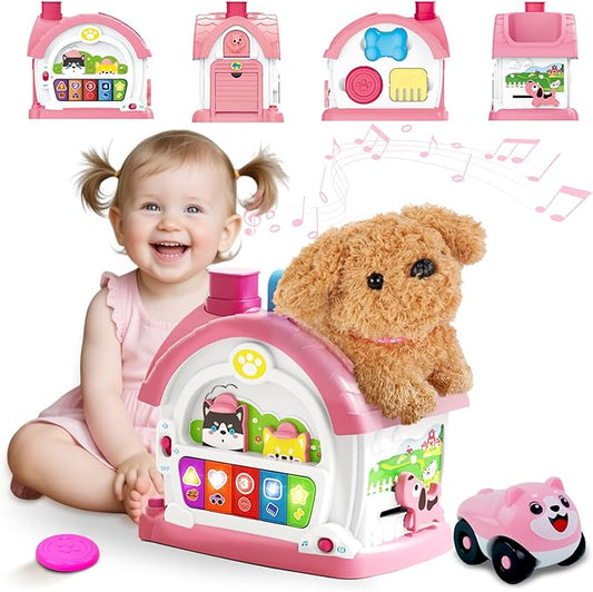 Montessori Toys for 1 2 3 Year Old Girl Gifts, Musical Toy House with Stuffed Puppy, Car, Baby Toys 12-18 Month, Learning Educational Toy for Toddler 1-3, First Birthday Gifts for Girls (Pink)