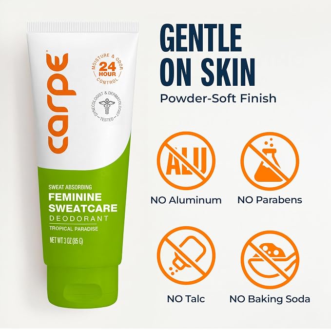 Carpe Feminine Sweatcare Intimate Deodorant - pH Balanced, 24Hr Moisture & Odor Control Whole Body Deodorant for Women - Gynecologist Tested & Safe for Private Parts - Tropical Paradise - 3oz