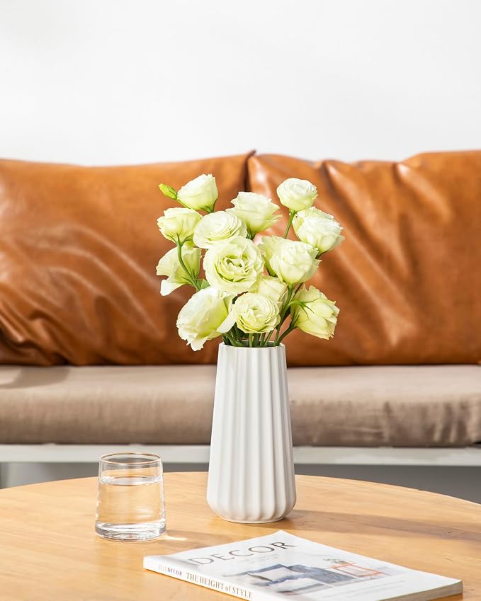 vancasso Ceramic Vase, 7.8 Inch Modern Ribbed Glossy Decorative Vase, Flower vase for Home Decor, Living Room, Bedroom, Office Decor, White