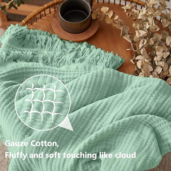 Simple&Opulence Cotton Muslin Throw Blanket for Bed, Couch, Knit Woven Gauze Blanket with Tassels, Soft Lightweight Cozy Pre-Washed Breathable Farmhouse Decoration for All-Season (Mint Green)
