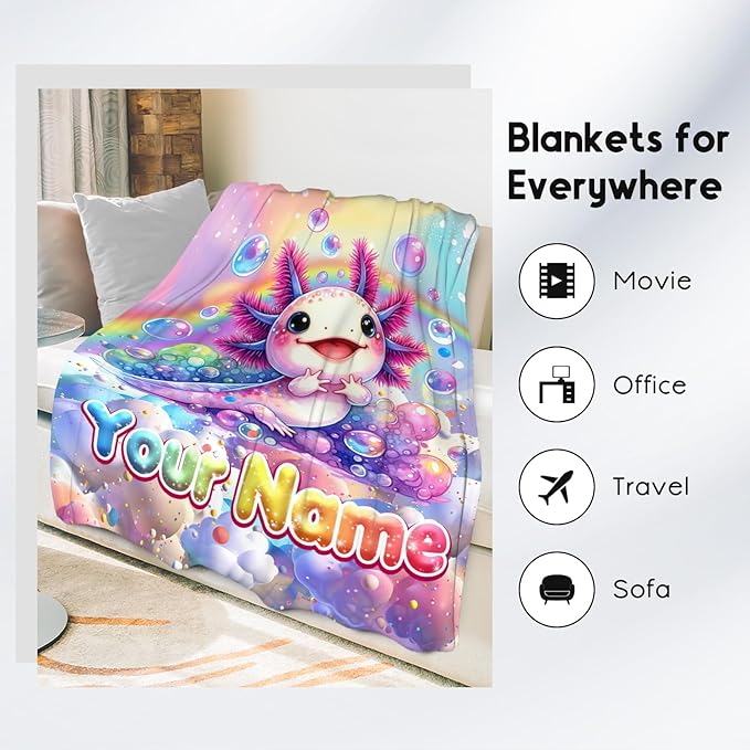 Axolotl Blanket Gifts - Personalized Girls Blankets for Kids - 4 Sizes Soft Cute Throw for Toddler