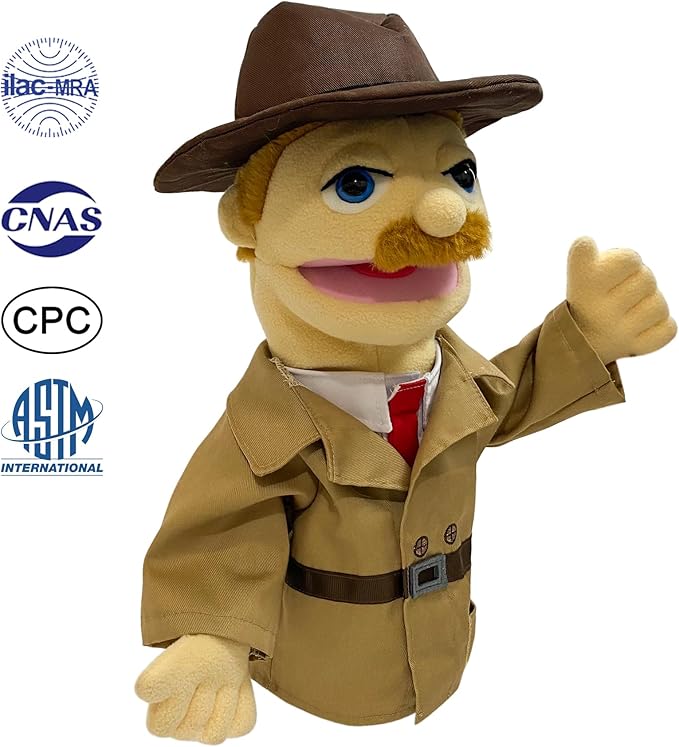16"Puppet Entriloquist Puppet,Hand Puppets for Kids Plush Detective Puppets for Adults with Removable Mouth Puppets for Kids Ages 4-8，Hand Puppets for Adults with Scalable Puppet Control Rod