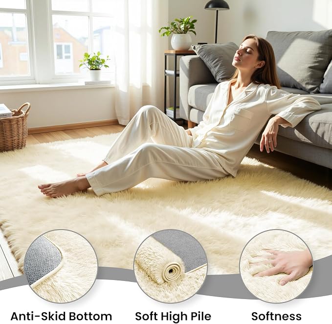 8x10 Area Rug for Living Room, Ultra Soft Fluffy Cream White Rugs for Bedroom, Non Slip Large Shag Carpet, Fuzzy Plush Nursery Rug, Thick Washable Indoor Floor Carpets for Kids Office Dorm Home Decor