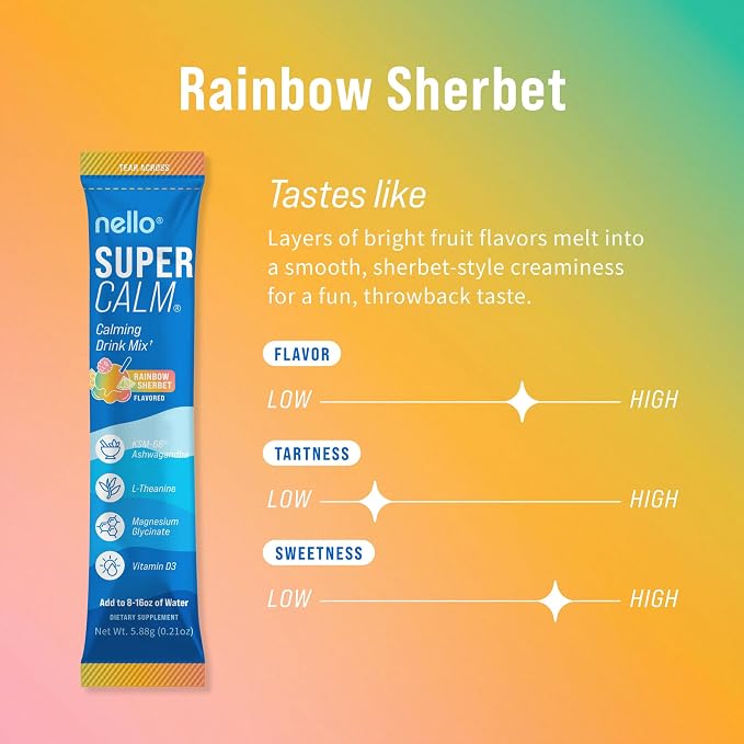 Nello Supercalm Powdered Drink Mix, Cortisol Reducer and Sleep Aid Supplement, L Theanine, Ksm-66 Ashwagandha, Magnesium Glycinate, Vitamin D 3, No Sugar, Non GMO, On The Go, 20 Ct, Rainbow Sherbet