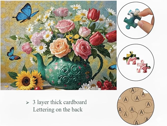 1000 Pieces Jigsaw Puzzles for Adults, Floral & Bird Series - Exquisite Nature Art & Seamless Fit, Calming Brain Teaser, Large 28" x 20", Great Gift for Garden Lovers（Blooming Teapot）