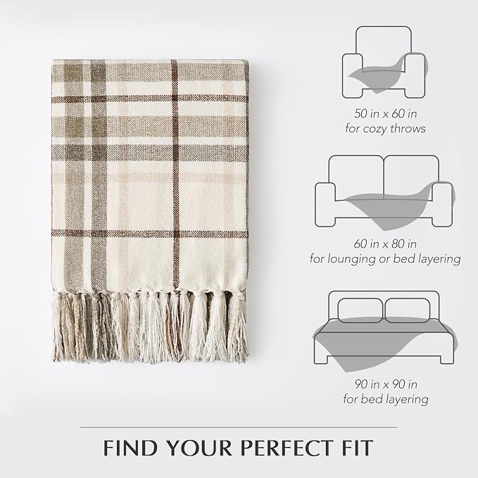 Plaid Chenille Knit Throw Blanket for Couch, 50"x60", Beige | Super Soft Knitted Throw with Tassels, Cozy, Decorative Farmhouse Plaid, Lightweight, Ideal for Bed Sofa Gift Home Decor