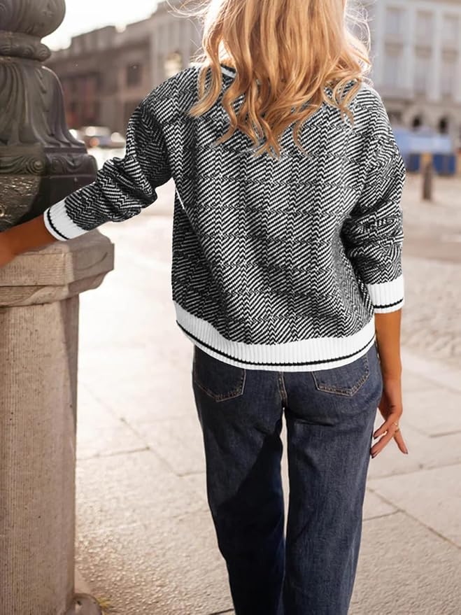 Saodimallsu Womens Fall Sweaters Tops Lapel V Neck Knit Color Block Shirt | Winter,Long Sleeve,Casual,Soft,Pullover,Cozy,Ribbed,Ladies,Chunky,Warm Sweaters,Checkered,Tunic,Work