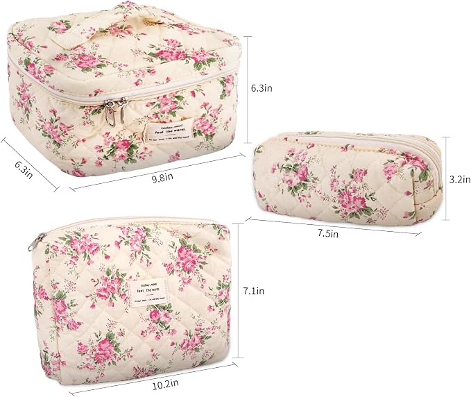 GISMTR 3Pcs Cotton Quilted Makeup Bag Large Travel Cosmetic Bag Coquette Makeup Pouch Cute Aesthetic Floral Toiletry Bag for Women Girls (flower-M)