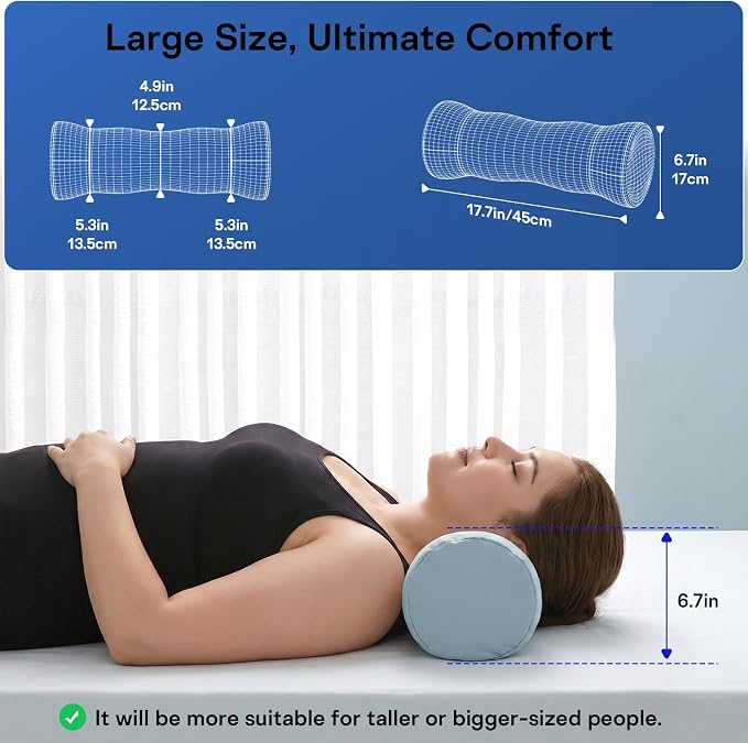 Neck Roll Pillow - Cooling Cover Round Neck Pillow for Sleeping - Memory Foam Cervical Support Pillow - Ergonomic Cylinder Pillows for Neck, Leg, Back, Yoga, Relaxing (Grey Blue)