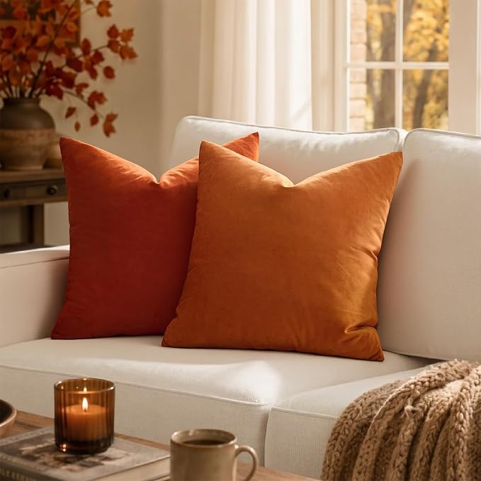 MIULEE Velvet Fall Throw Pillow Covers 14x14 Inch Pack of 2 Orange | Soft Solid Small Decorative Pillow Covers, Modern Luxury Home Decor, for Couch Chair Sofa Bedroom Livingroom Car