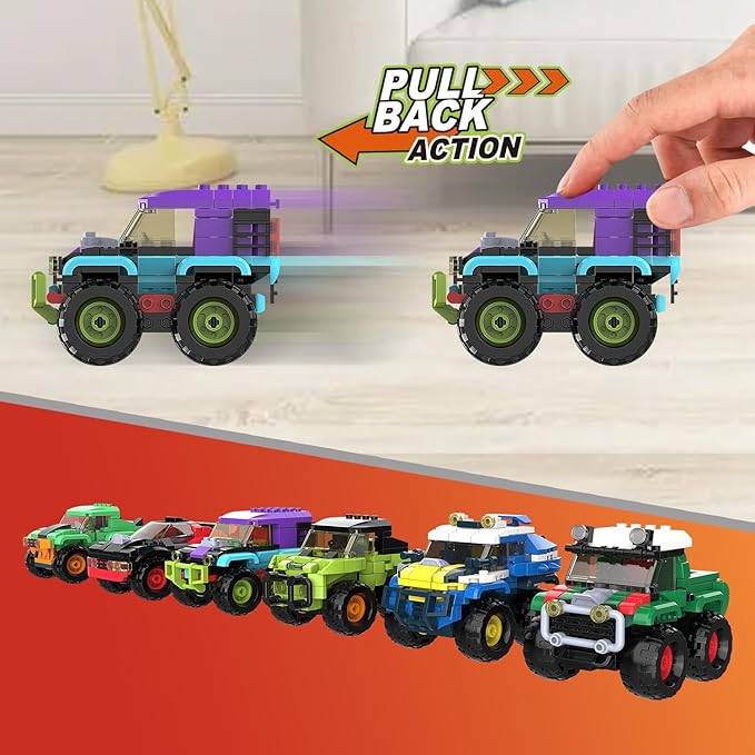 Monster Truck Micro Brick Building Toy for Boys and Girls, Pull Back Car Toys for Kids, DIY Building Toy, Gift Idea for Teens Ages 8+ Kids