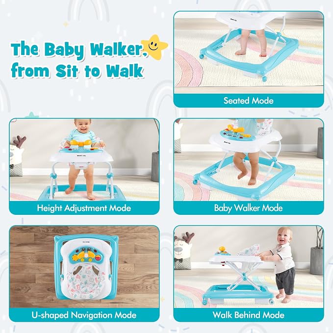 HONEY JOY Baby Walker, 5 in 1 Infant Activity Walker with Wheels, Music, Removable Cushion, Toddler Foldable Push Walker for Boys Girls, Anti-Rollover Walkers for Babies 7-14 Months (Green)