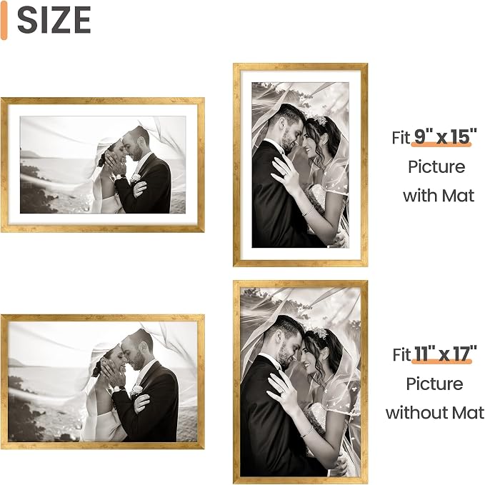 upsimples 11x17 Picture Frame, Display Pictures 9x15 with Mat or 11 x 17 Without, Wall Hanging Poster Frames, Bronze, 1 Pack