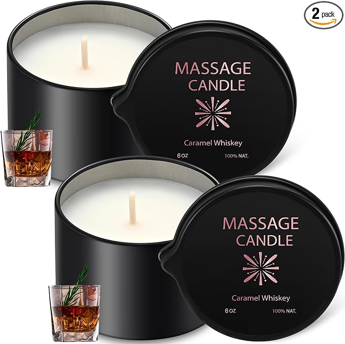 Nuanchu 2 Pcs 2.35 oz Massage Oil Candle, Ignite Low Temp Scented Body Oil Candles for Massage Therapy Soy Based Mother's Day Home Gift Spa Use, Caramel Whiskey