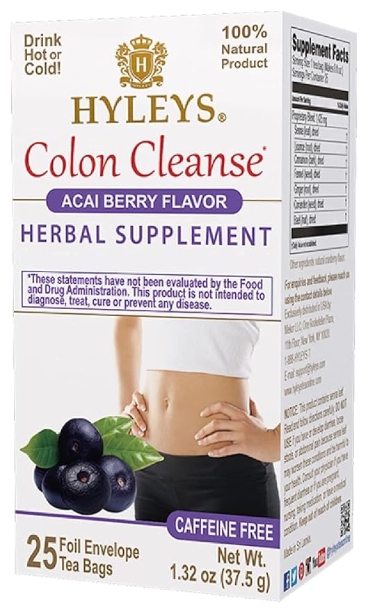 HYLEYS Colon Cleanse Tea, Acai Berry Flavor - 150 Individually Wrapped Herbal Tea Bags (6 Pack of 25) - Caffeine Free, Vegan