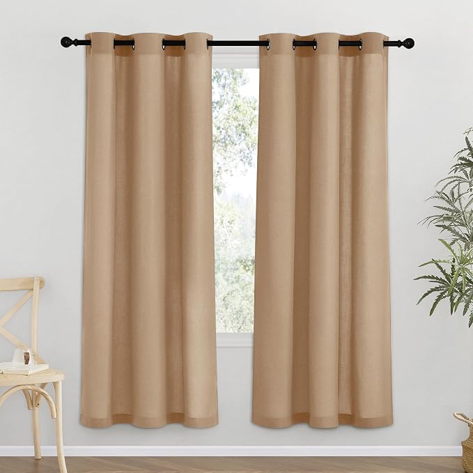 NICETOWN Camel Thick Linen Curtains 72" Length, Grommet Privacy Window Treatments Linen Weave with Light Penetration Vertical Drapes for Farmhouse/Home Office, W42 x L72, 2 Panels
