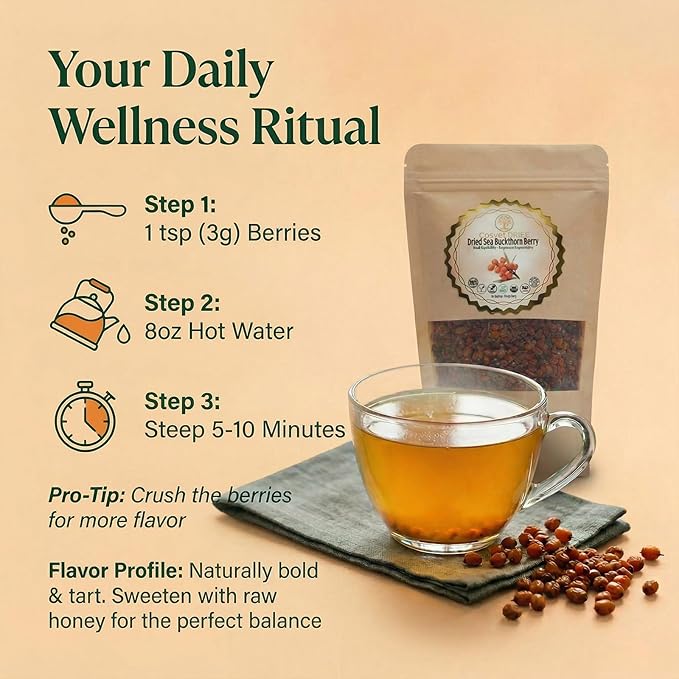 Cure Wid Pure | Organic Whole Dried Seabuckthorn Berries 4oz | Sea Buckthorn Berry From Himalaya | Espino Amarillo | High In Vitamin C,E & Omega 7 | Supports Skin, Immunity, Digestion, & Heart Health