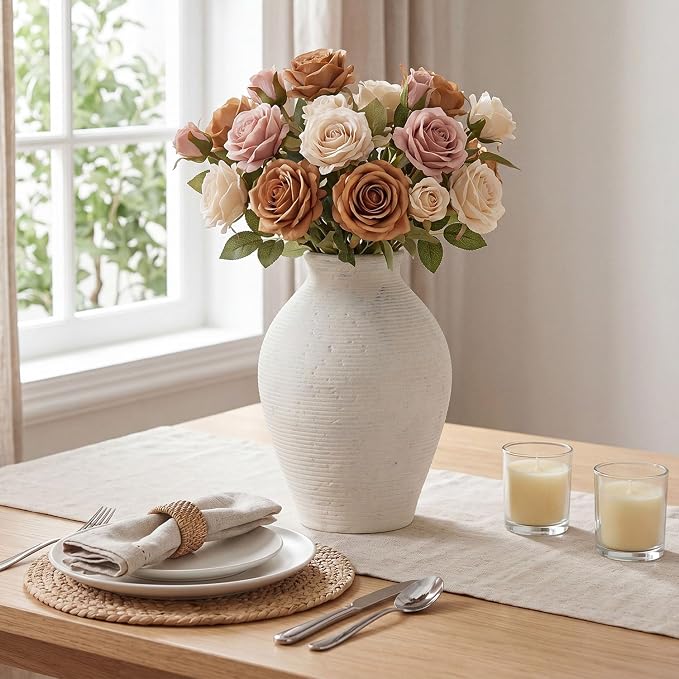 Ceramic Flower Vase Home Decor, 8.6 inch Farmhouse Rustic Vintage Table Vases, Living Room Kitchen Bedroom Decorations for House Book Shelf Office Coffee Desk Dining Fireplace