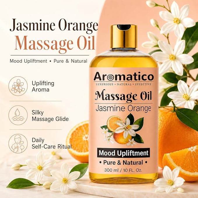AROMATICO Massage Oil for Massage Therapy with Jasmine & Orange Essential Oils. Infused with Sesame, Almond & Jojoba Oils. Full Body Massage Oil for Mood Upliftment – 10 Fl Oz