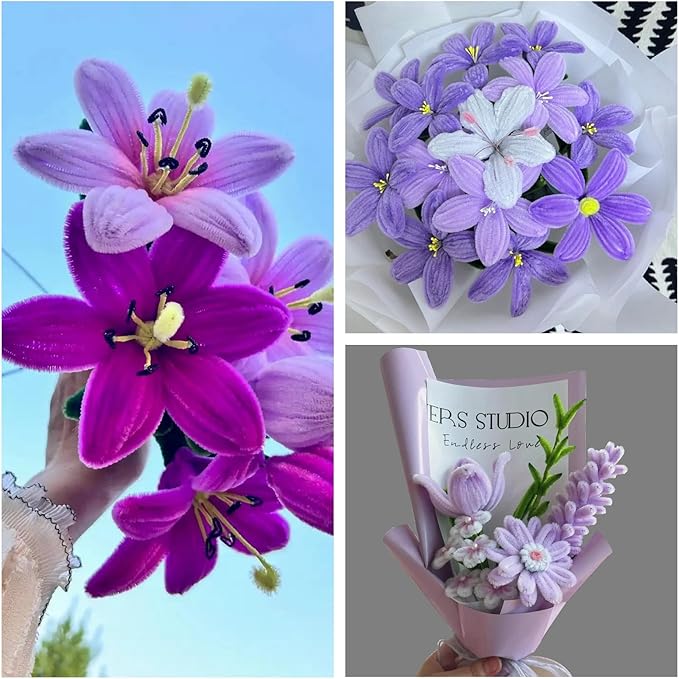 ASTARON 521 Pcs Pipe Cleaners Craft Set, 5 Colors Pipe Cleaners Bulk Pastel Chenille Stems for Craft Pipe Cleaner Flowers Making Kit with Floral Wires, Gardening Tape (Purple Series)