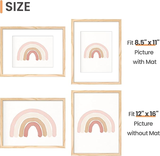 upsimples 12x16 Picture Frame, Display Pictures 8.5x11 with Mat or 12 x 16 Without, Wall Hanging Poster Frames, Natural Style, 1 Pack