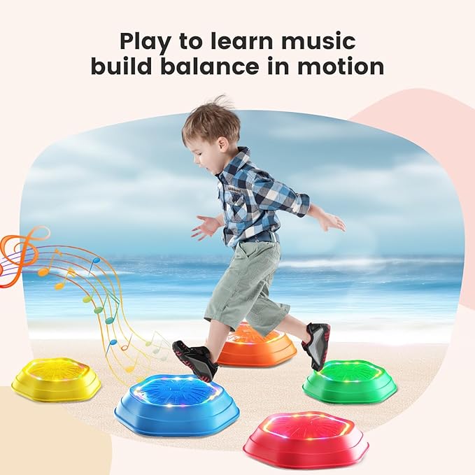 Holyton Upgraded Music Light-Up Stepping Stones for Kids, 5-Pack Sensory Balance Toys with Batteries, Non-Slip Design, for Ages 3–8, Ideal for Sensory Training, Indoor & Outdoor Play, Great Gift Idea