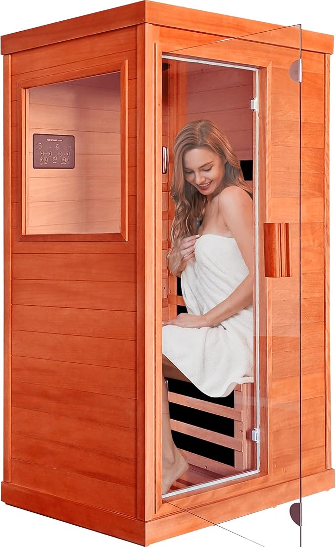 Sauna 1 Person Far Infrared Saunas for Home Low Emf Indoor Sauna | Wood Dry Sauna Room with Tempered Glass Door Speakers 7 Color Lighting Fast Heating Easy Assembly 35.2 * 27.6 * 61.6"