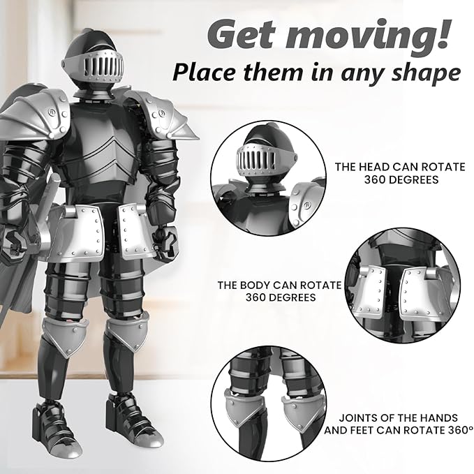 Knight Action Figures, Medieval Action Figures,Knight Armor Action Figure,Multi-Jointed Movable Robot Mannequin (Black)