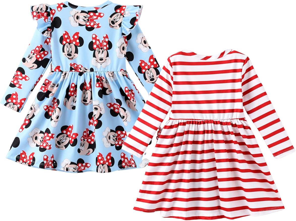 Disney Frozen Elsa Stitch Princess Minnie Mouse Toddler Girl Dresses 2 Pack Ruffle Long Sleeve Dress Set (3 Months - 6 Years)