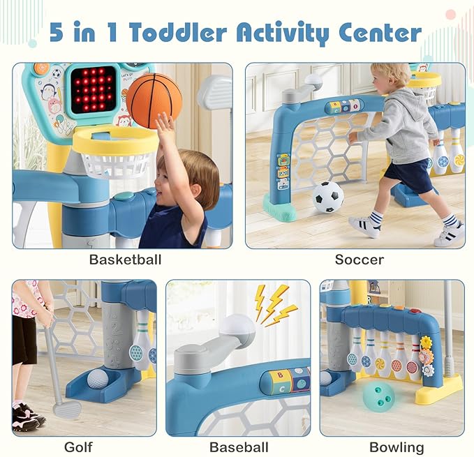 Costzon Toddler Basketball Hoop with Adjustable Height, 5 in 1 Basketball Bowling Baseball Soccer Golf Kids Activity Center, Toddler Sports Toy w/Lights & Sounds, Gift for Baby Boys Girls 18+ Months