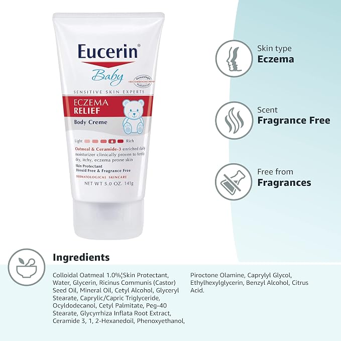 Eucerin Baby Eczema Relief Body Cream, Steroid & Fragrance Free for 3+ Months of Age, 5 oz. Tube (Pack of 12)