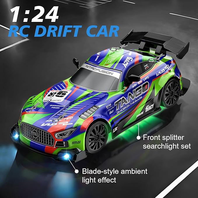 Drift RC Car for Electric Toy Car Hobby Racing Car Toys with Controller,1:24 4WD High Speed RC Drift Cars with LED Lights,Drifting Tires＆Two Batteries,Christ.mas Gift for Adults & Kids