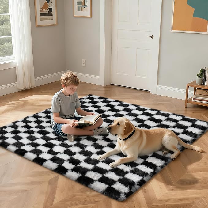 Checkered Rug for Bedroom, 3x5 Black and White Area Rugs, Classic Checkered Carpets Shag Area Rug, Bedside Rugs for Living Room Bedroom Room Home Decor