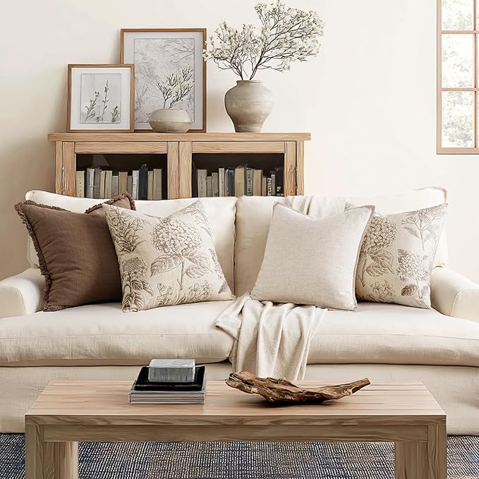 Set of 2 Decorative Floral Pillow Covers 20x20 Inch Light Brown | Neutral Hydrangea Print, Boho Vintage Throw Cushion Covers, Cottagecore Home Decor, for Sofa Couch Porch Bedroom Living Room