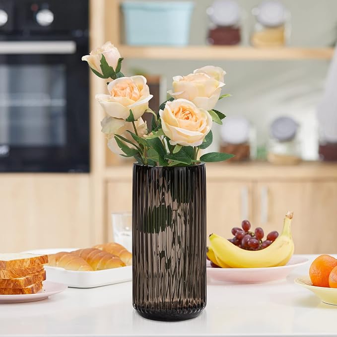 Flower Vase 10 inch Amber Thickened Hand Blow Glass Vase Round Vintage Striped Bottles for Bookshelf,Dinner Table,Indoor Office Desktop,Meeting Room,Bathroom,Home