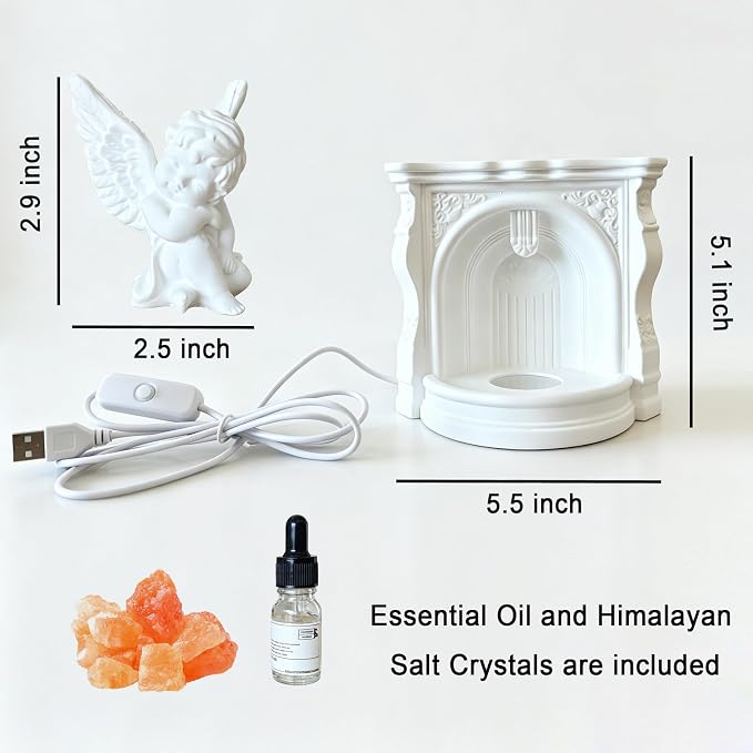 Angel Aroma Diffuser Set with Himalayan Salt & Fireplace Light, Passive Essential Oil Diffuser with White Tea Oil, Home Fragrance Decor for Bedroom, Bathroom, Office, Gift for Women