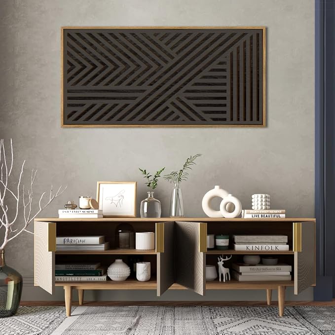 IARTTOP Extra Large Wood Black Wall Art 20x40 Inch Framed Abstract Geometric Wooden Wall Decor Modern Minimalist Neutral Wall Sculpture for Living room Bedroom Dining room Single