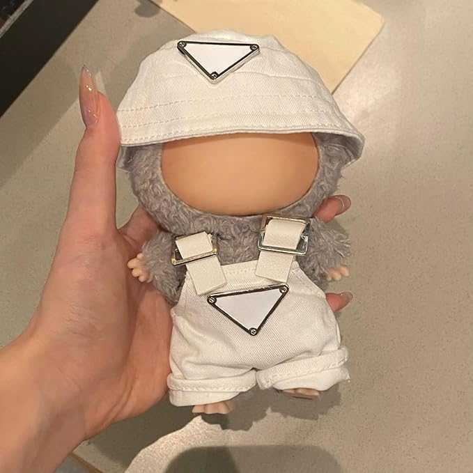 Clothes for 17cm Dolls(NO Doll)，Premium Handmade Clothes，Adjustable Kawaii Outfits for Clothes Set，Dolls Keychain Accessories，Bucket Hat+Overalls (White)