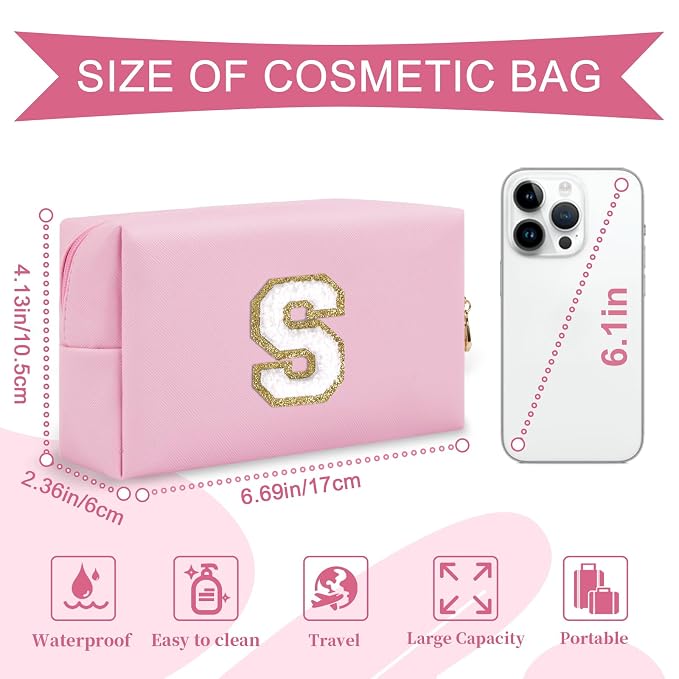 Personalized Initial A-Z Preppy Patch Makeup Bag,Small PU Chenille Letter Cosmetic Bag with Zipper for Teen Girls,Pink Cute Toiletry Organizer Bag,Monogram Makeup Case Gift for Women Girls,Letter S
