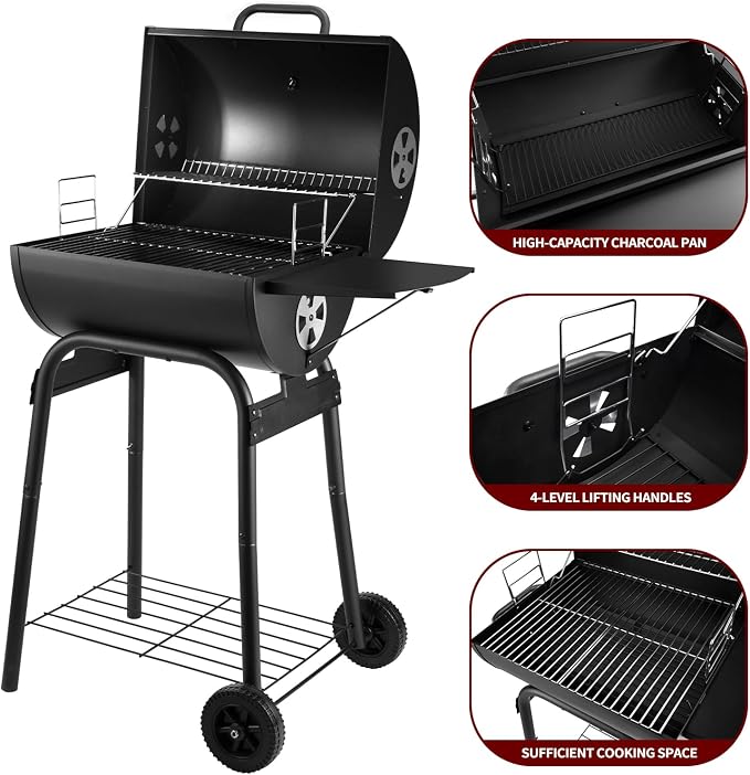 Charcoal Grill Outdoor BBQ Grill, Barrel Charcoal Grills with Side Table, with Nearly 500 Sq.In. Cooking Grid Area, Outdoor Backyard Camping Picnics, Patio and Parties, Black by DNKMOR