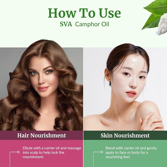 SVA Camphor Essential Oil 4 Fl Oz – for Diffuser, Skin & Hair Care – Ideal for Massage & DIY Blends – with Dropper