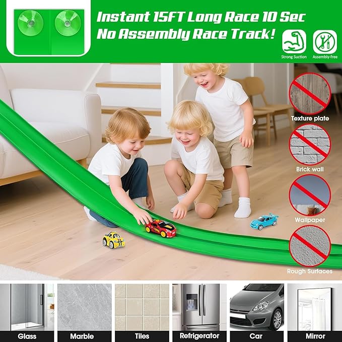 for Hot Wheels Race Car Flexible Track for Kids Toy,Diecast 1/64th Kids Toy Cars Flex Track Ramp 15Ft Starter Set Long Rolls Up Portable Flexible DIY Racetrack with Suction Cups for Boy Girl Age 3+