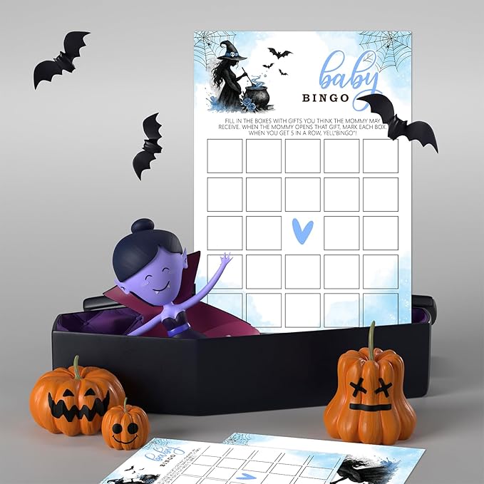 Hilarious Baby Shower Games, 25 Sets Halloween Baby Bingo Game, Blue Witch Gender Reveal Game Cards for Party Announcement Supplies - B03